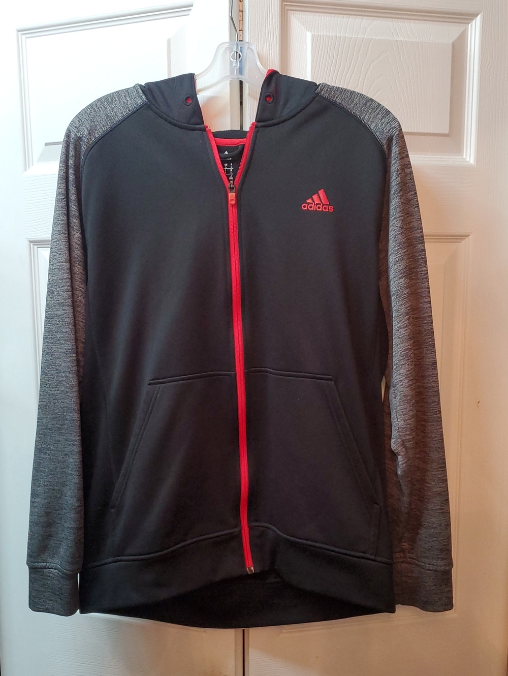 adidas Black Hoodie with Gray Sleeves and Red Accents